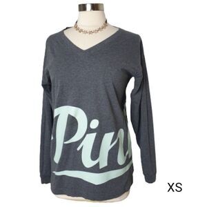 Victoria's Secret PINK Long Sleeve Oversized Top V-Neck Mint Logo Grey Top XS